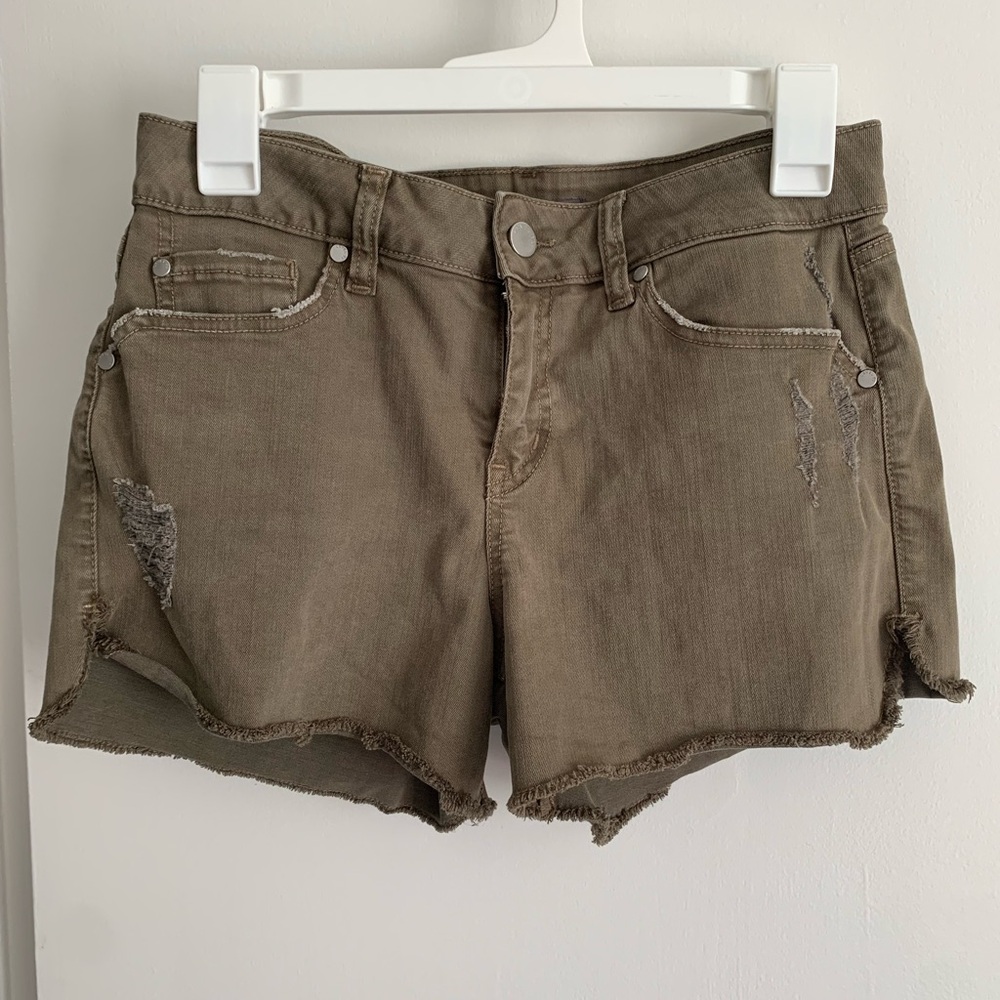 Level 99 Olive Distressed Jean Shorts